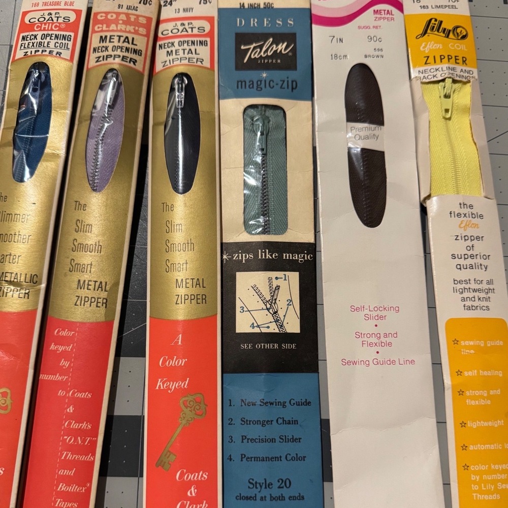 Vintage Zipper Lot of 6 Coats & Clark Talon Lily Metal Coil Mixed Colors Sizes